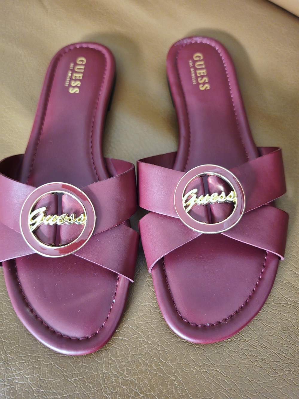 GUESS Women's Burgundy Slide Sandals with Logo Buckle
